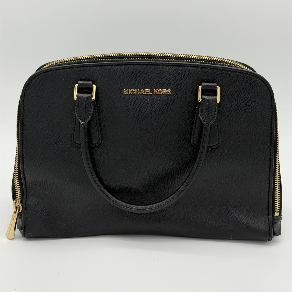 Michael‎ Kors Leather Satchel Handbag Black Gold Hardware Classic Divider